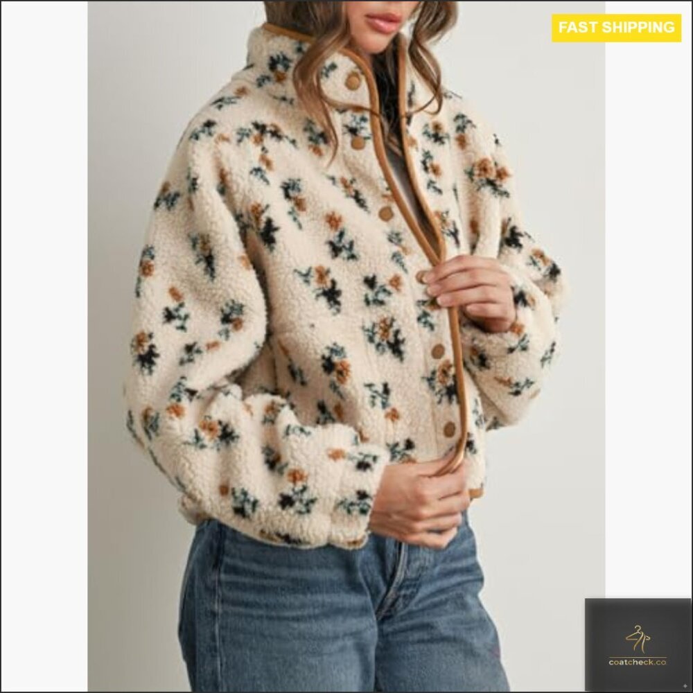 Floral Print Fluffy Fleece Jacket Snap Button Winter Teddy Cozy Casual - Picture 3 of 7